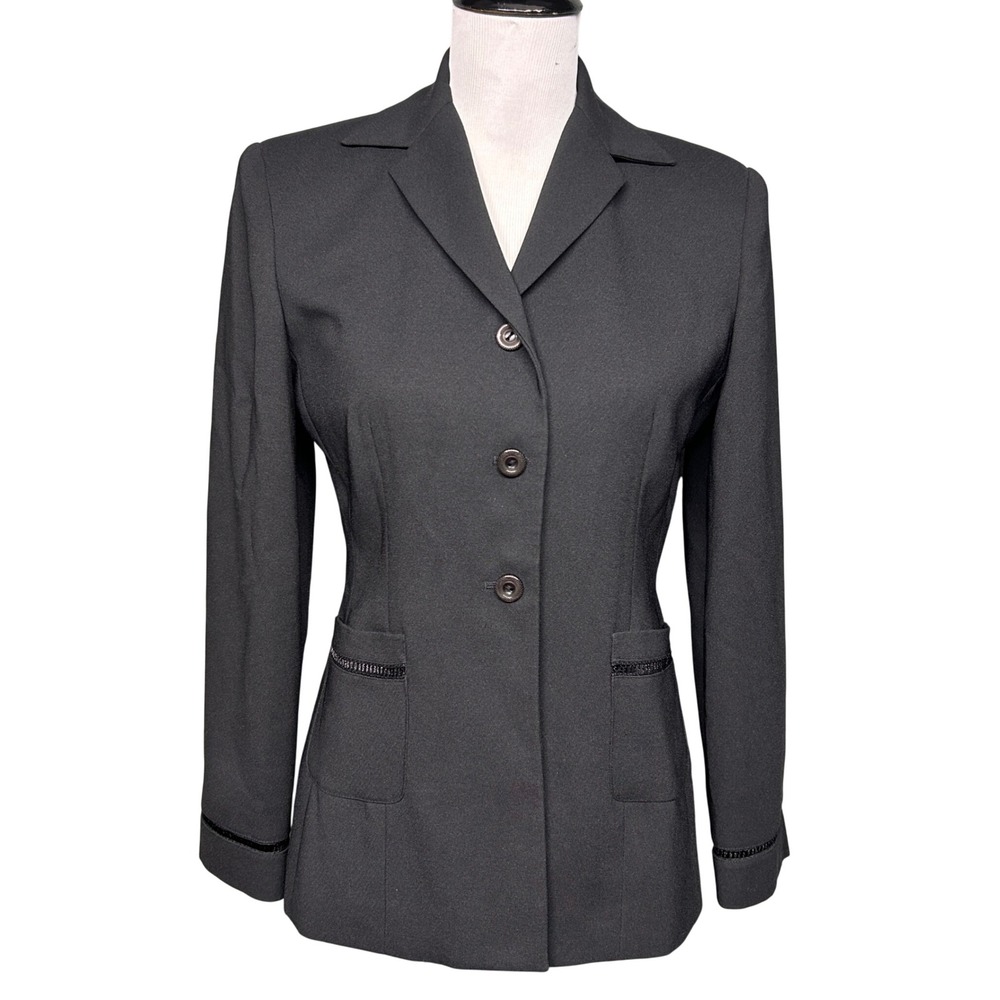 Larry Levine Blazer Jacket Women 4P Black Petite Office Career Laser-cut Detail